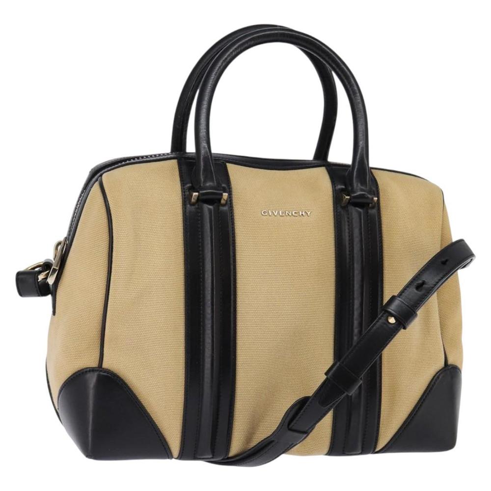 GIVENCHY Lucrezia Hand Bag Canvas Leather 2way Beige Gold Auth SW1524